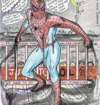 A spiderman art print, the card is saying the superhero can't save you.