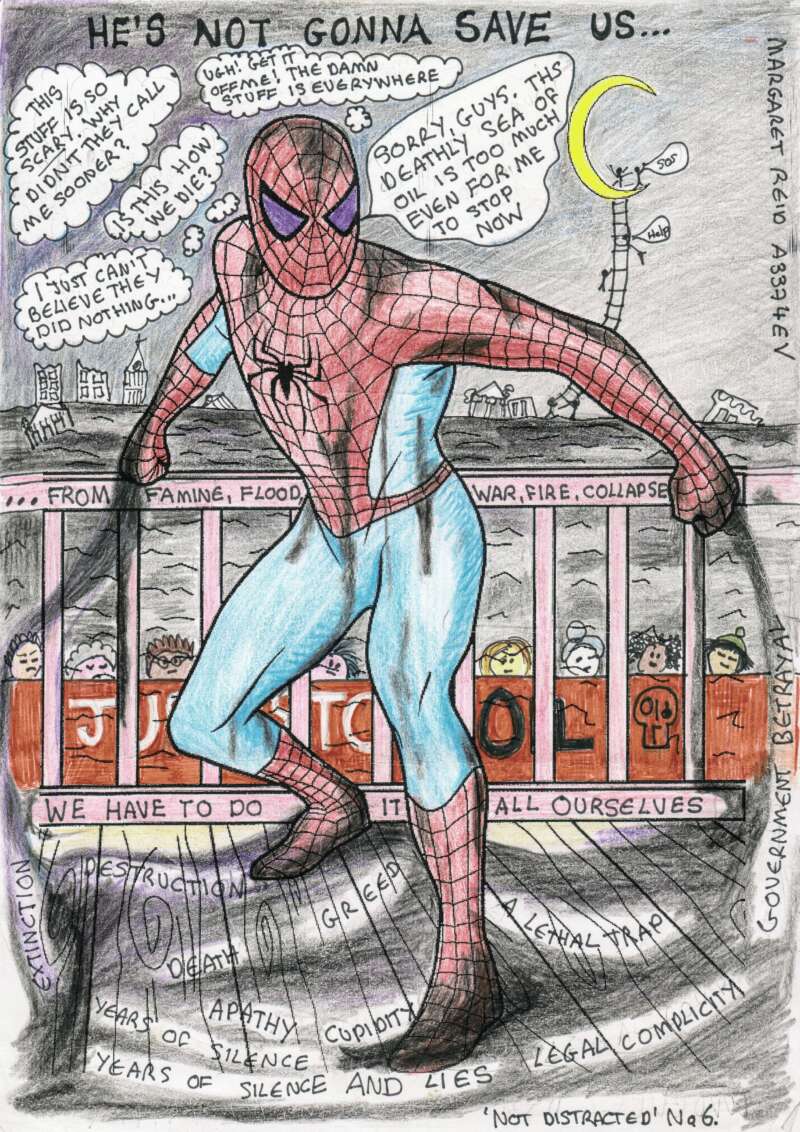 A spiderman art print, the card is saying the superhero can't save you.