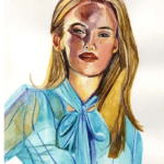 A portrait art print of a woman in a bright blue top with blonde, yellow hair.