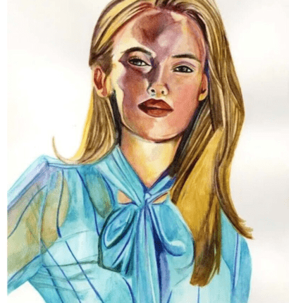 A portrait art print of a woman in a bright blue top with blonde, yellow hair.