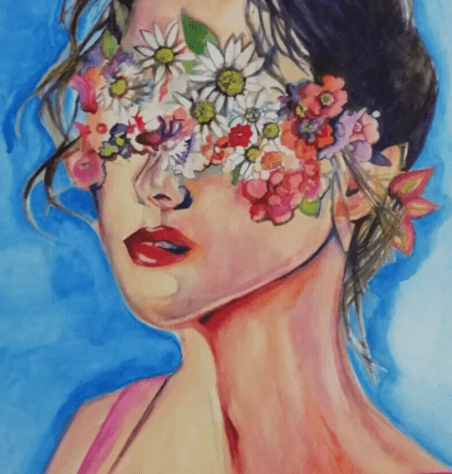 An art print of a woman with flowers around her eyes.