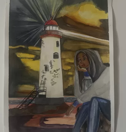 Black woman in thunderstorm with lighthouse Digital Print A3